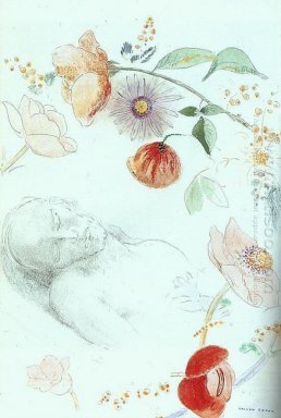 Busto de um homem adormecido em meio a flores