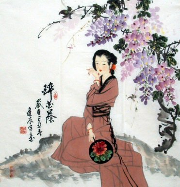 Vacker dam, blommor - kinesisk målning