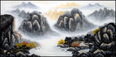 Berg och vatten, träd - kinesisk målning