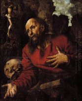 St. Jerome rezando ante una gruta rocosa