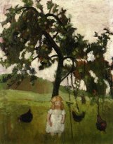Elizabeth mit Hens unter einem Apfelbaum