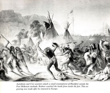 Assiniboin y Cree guerreros ataque Blackfeet