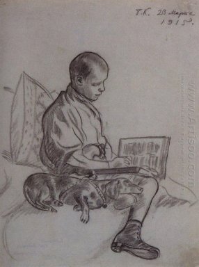 Pojke med hund Stående av Cyril Kustodiev Son Of The Artist 1915