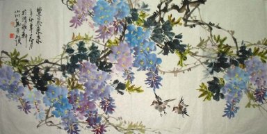 Oiseaux et fleurs (violet) - Peinture chinoise