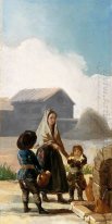 Una mujer y dos niños junto a una fuente 1786