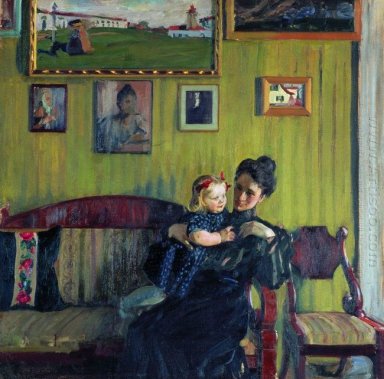 Porträt von YE Kustodieva mit Tochter Irina 1908