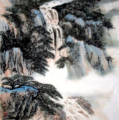 Vattenfall och tallar - kinesisk målning