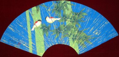 Bambu e pássaro-Fan - Pintura Chinesa