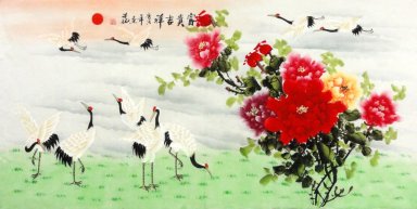 Crane - Pivoine - peinture chinoise