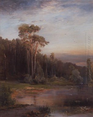 paisagem do verão com pinheiros perto do rio 1878