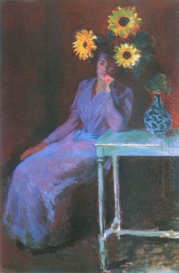 Portrait Of Suzanne Hoschede Dengan Sunflowers