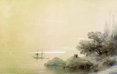 Havet mot en stenig strand 1851