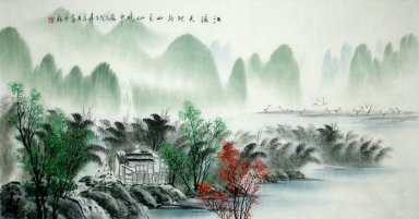 Paesaggio con acqua e uccelli - Pittura cinese