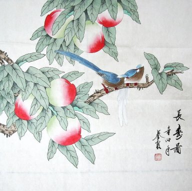 Peach & Birds - Peinture chinoise