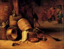 An interior scene with pots, barrels, baskets, onions and cabbag