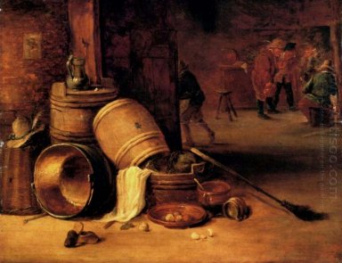 An interior scene with pots, barrels, baskets, onions and cabbag