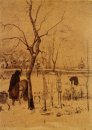 Parsonage Garden In The Snow With Three Figures 1885