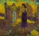 three tahitian women against a yellow background 1899 oil on can