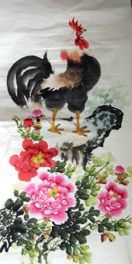 Chicken & Peony - Peinture chinoise