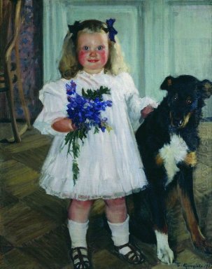 Stående av Irina Kustodiev med hunden Shumka 1907