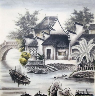 En liten by - kinesisk målning