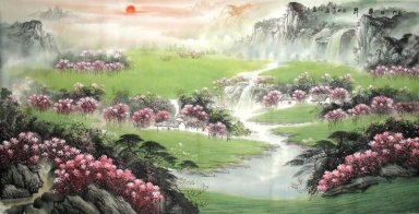 Rivier, bloemen - Chinees schilderij