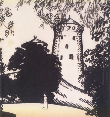 Vrouwelijke silhouet tegen de achtergrond van het kasteel