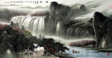Bergen en waterval - Chinees schilderij