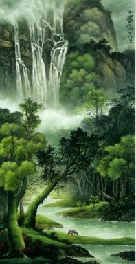 Paysage avec chute d\'eau - peinture chinoise