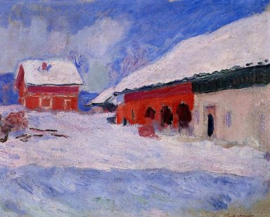 Casas Rojas En Bjornegaard en la nieve de Noruega