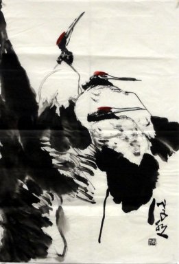 Crane - Peach - peinture chinoise