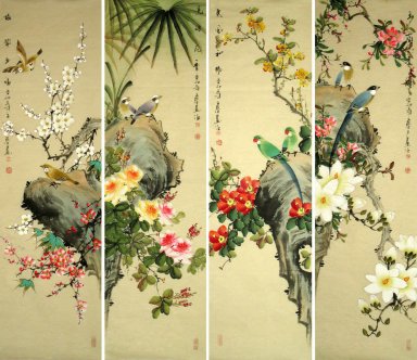 Birds & Flowers - (quatro telas) - Pintura Chinesa