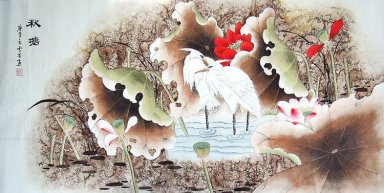 Crane & Lotus - peinture chinoise