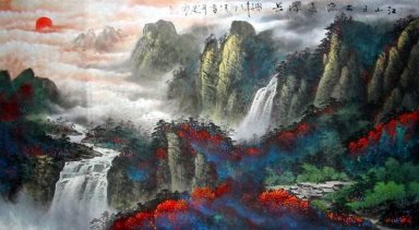 Bergen, waterval - Chinees schilderij