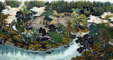 Een Binnenplaats, bomen - Chinees schilderij