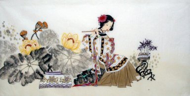 Mooie dame, Fluit - Chinees schilderij