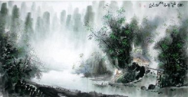 Träd och buillding - kinesisk målning