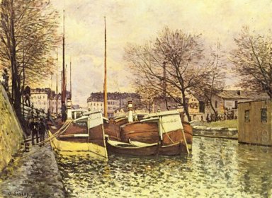 Lastkähne auf dem Kanal Saint Martin in Paris 1870