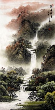 Montanhas, cachoeira - Pintura Chinesa