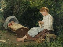Breien Meisje Kijken naar de Peuter in een Craddle