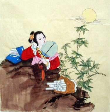 Lady, tenir sur une peinture fan-chinois