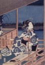 Лунный свет Вид Tsukuda с леди на балконе 1856