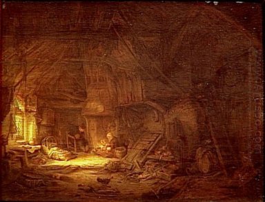 Cottage Interior with a Family around the Hearth