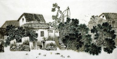 Gebouw en Bomen - Chinees schilderij