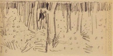 Casal andando entre fileiras de árvores 1890