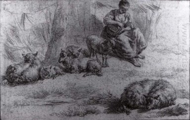 Seated Woman with a Basket and Livestock