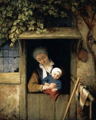 Mère tenant son enfant dans une porte