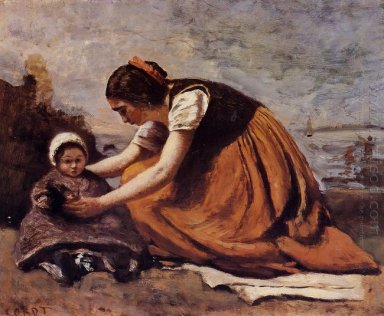 Madre e bambino sulla spiaggia 1860