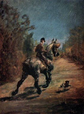 Häst och ryttare med en liten hund 1879