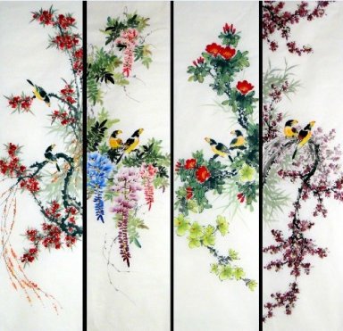 Fåglar & blommor-FourInOne - kinesisk målning